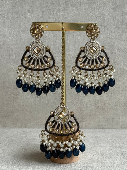 Ayura Designs Qudsia Set with Necklace, Earrings & Tikka – Navy Blue Stones, Kundan Detailing & Antique Gold Finish