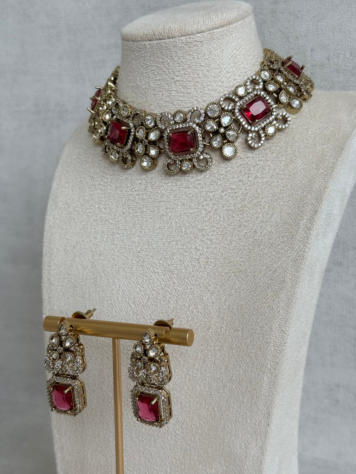 Ayura Designs Celine Necklace Set with Earrings – Moissanite Ruby Rose Statement Set