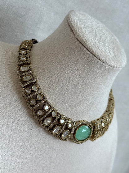 Ayura Designs Sadie Necklace Set with Earrings – Mint Green Centre Stone, Moissanite Style Stones & Crystal Halo Detailing