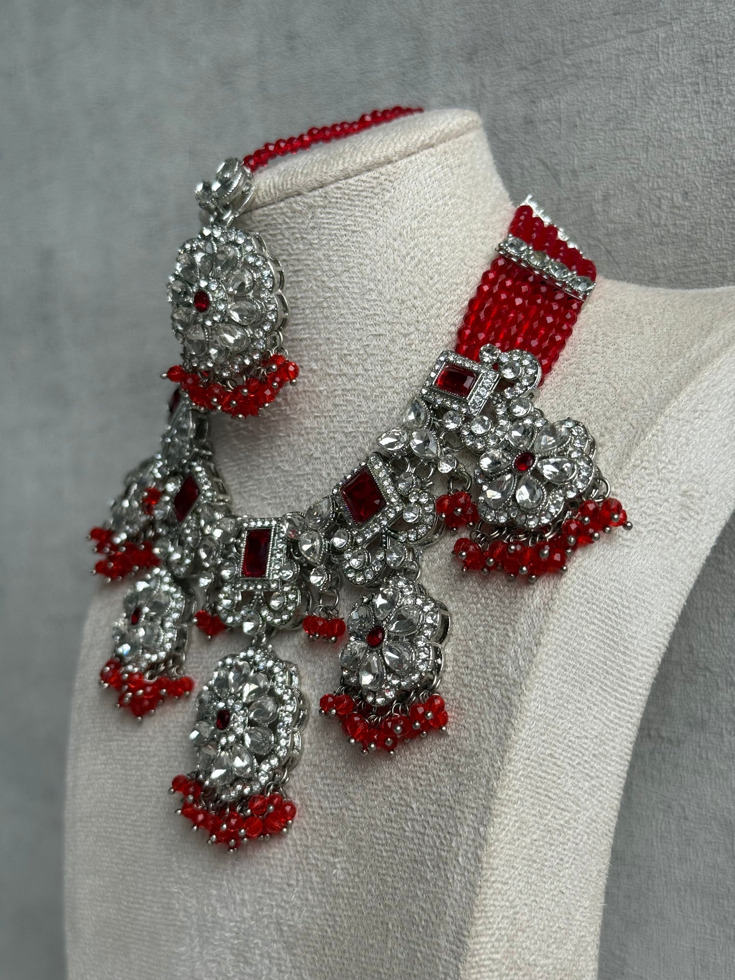 Ayura Designs Zarghuna Set with Jhumkis & Tikka – Orange Beads, Mirror-Cut Stones & Silver Finish
