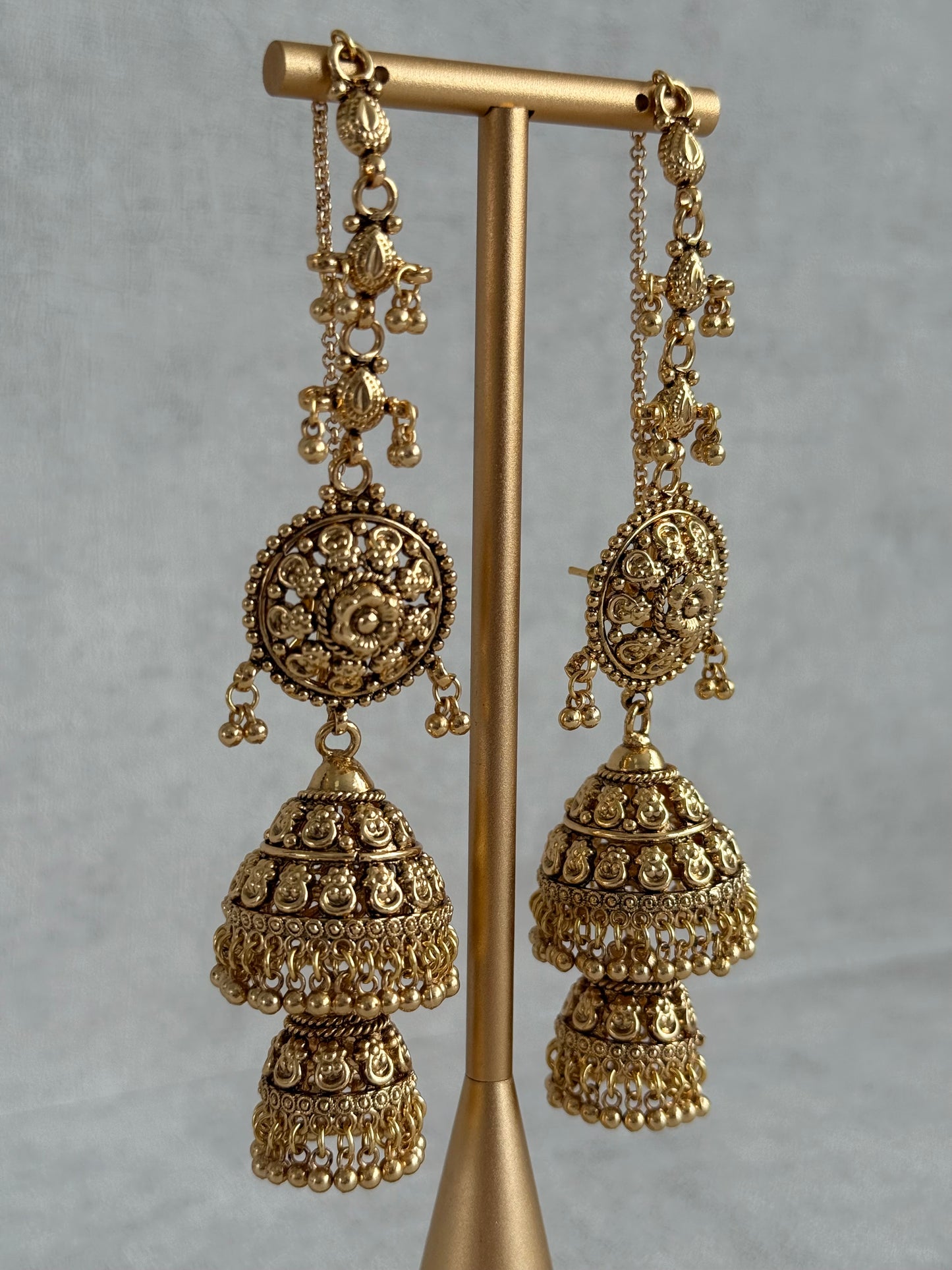 Ayura Designs Chhavi Sahare Jhumkis – Antique Gold Finish with Double Dome Design
