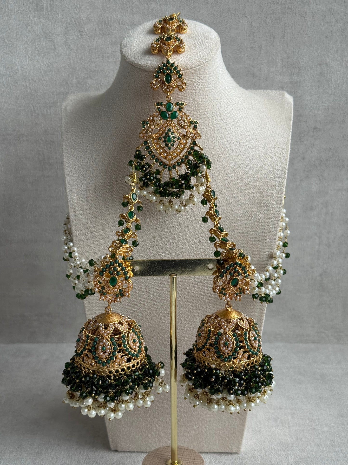 Ayura Designs Safia Tikka Set with Sahare Earrings – Emerald Green Beads & Champagne Crystals