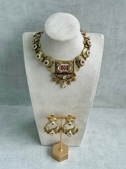 Ayura Designs Purvi Set – Necklace & Earrings with Antique Gold Filigree, Fuchsia Pink & Pearl Detailing