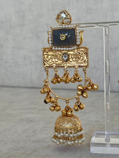 Ayura Designs Bano Earrings – Handcrafted Brass Jhumka Earrings with Carved Grey Stone, Floral Engraving & Pearl Drops