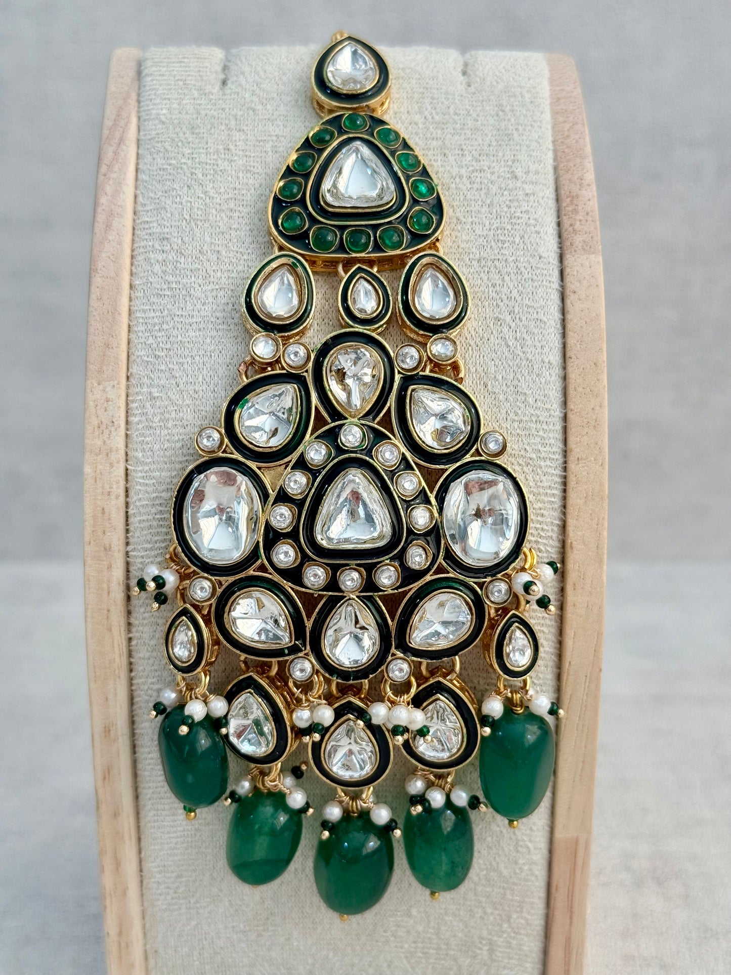 Ayura Designs Salma Jhoomar Passa – Emerald Green Drops with Kundan Stones & Antique Gold Finish