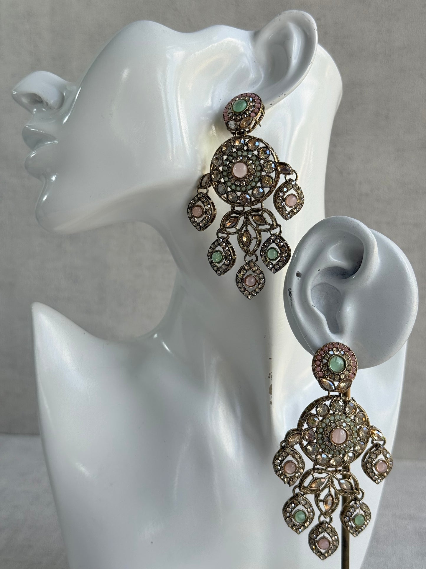 Ayura Designs Vanika Earrings – Mint Green, Blush Pink & Champagne Crystal Gold Finish