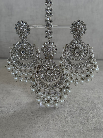 Ayura Designs Seher Tikka & Earrings Set – Radiant Silver with Luminous White Pearls