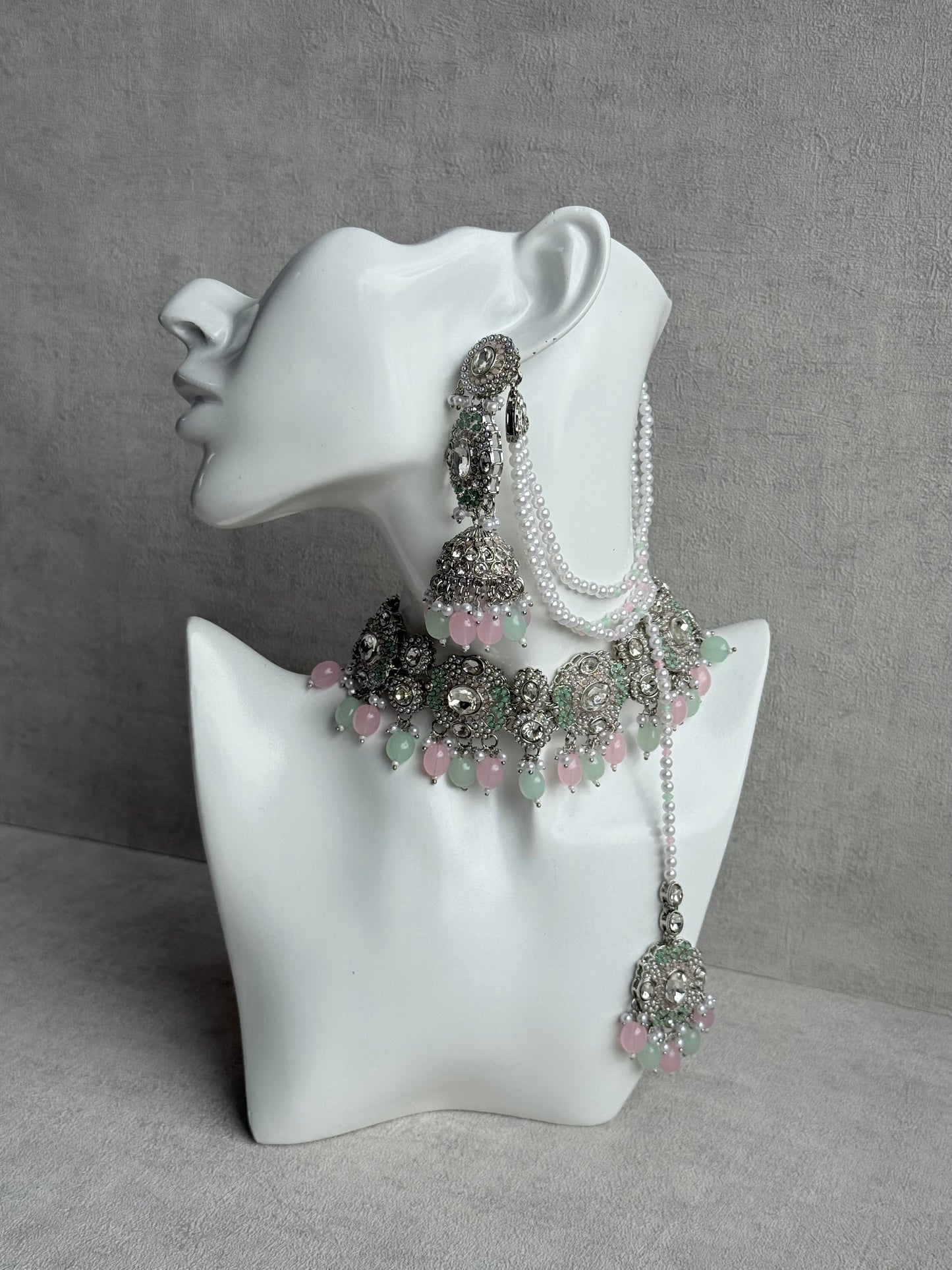 Ayura Designs Uzairah Set with Tikka & Sahare Jhumkis – Pastel Mint & Blush Beads with Pearl Strands & Mirror-Cut Detailing