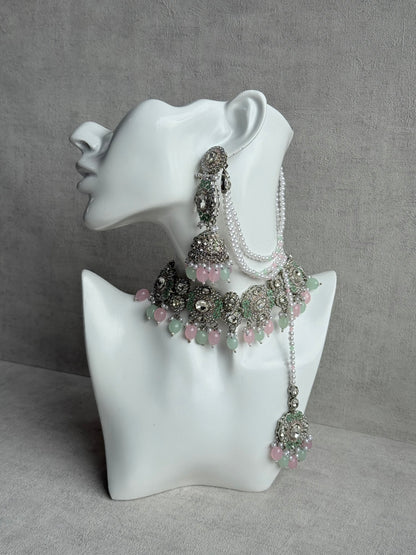 Ayura Designs Uzairah Set with Tikka & Sahare Jhumkis – Pastel Mint & Blush Beads with Pearl Strands & Mirror-Cut Detailing