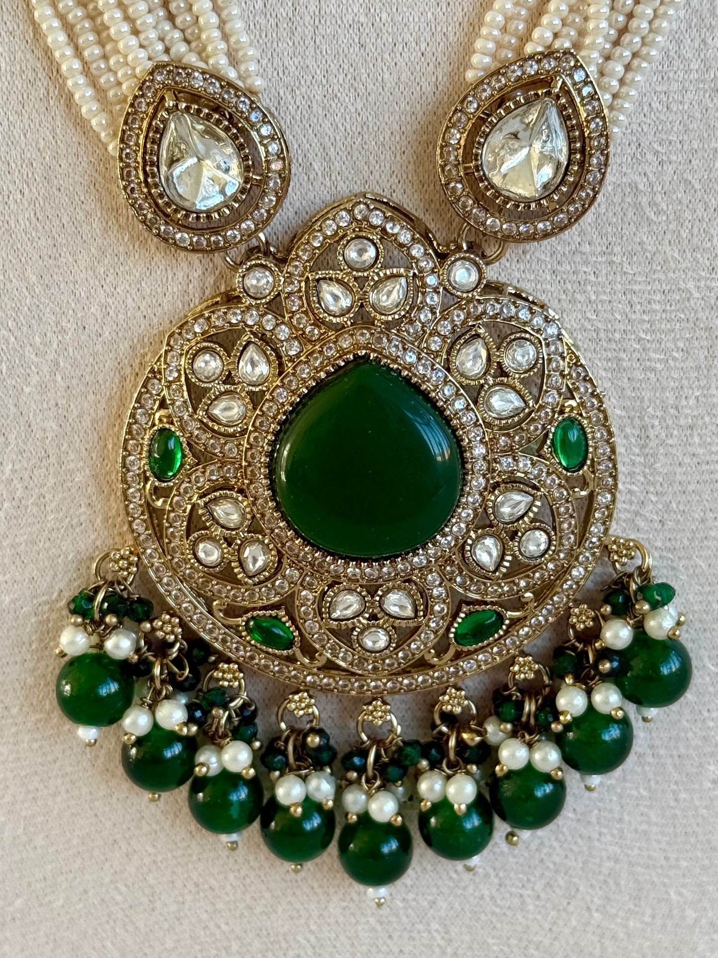 Ayura Designs Brielle Set – Necklace & Jhumkis with Mirror-Cut Stones, Emerald Green & Ivory Beads