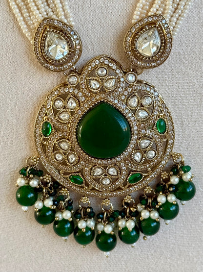 Ayura Designs Brielle Set – Necklace & Jhumkis with Mirror-Cut Stones, Emerald Green & Ivory Beads