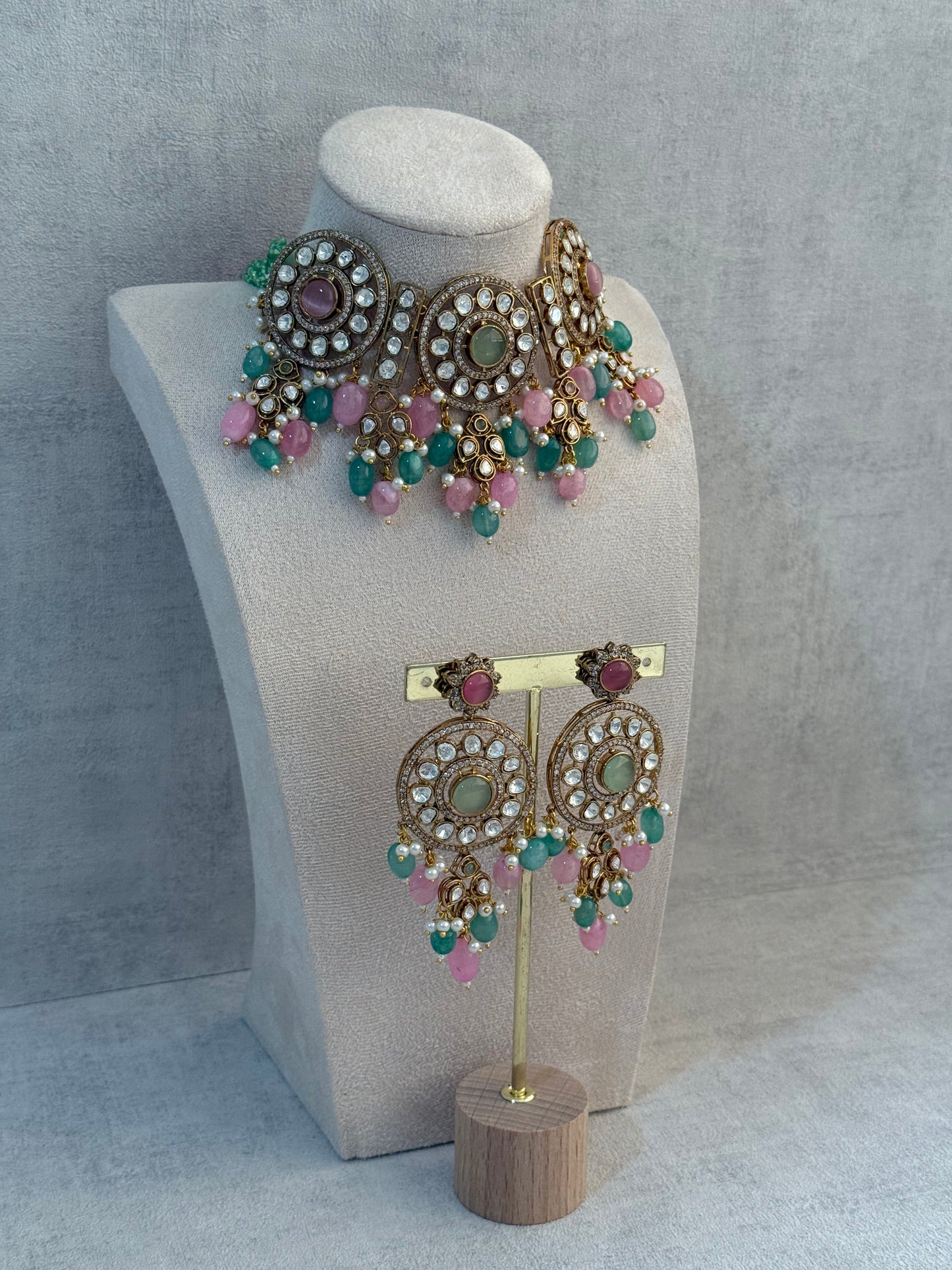 Ayura Designs Harper Set – Antique Gold Choker & Earrings with Mint Green & Blush Pink Beads, Kundan Stones & Pearl Detailing