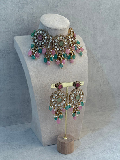 Ayura Designs Harper Set – Antique Gold Choker & Earrings with Mint Green & Blush Pink Beads, Kundan Stones & Pearl Detailing