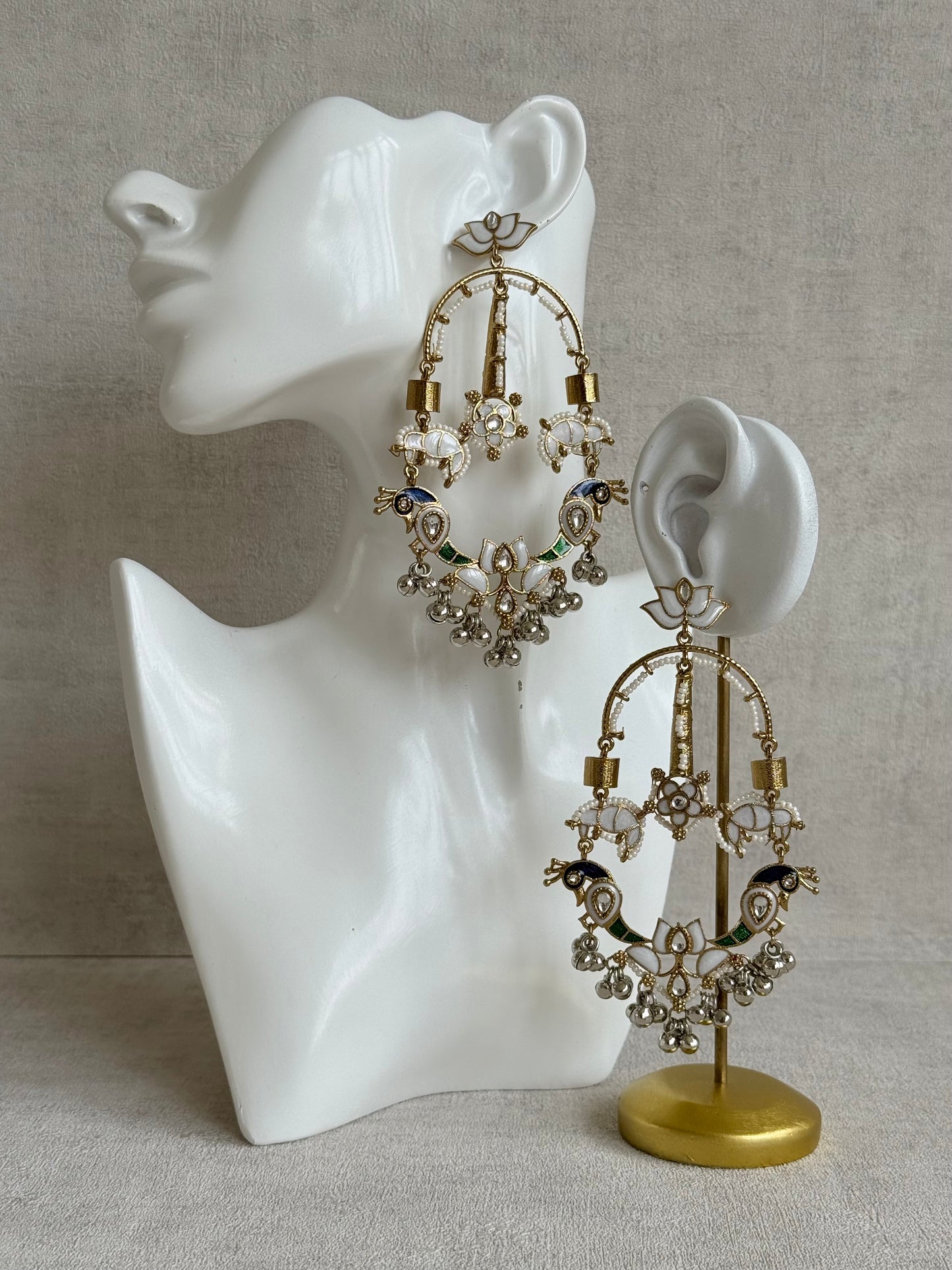 Ayura Designs Zoonpari Earrings – Ivory Pearl, Blue & Green Meenakari Peacock Chandeliers in Dual Tone with Ghungroos