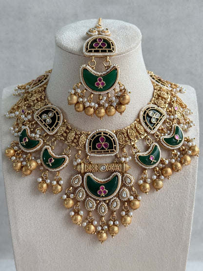 Ayura Designs Tafiza Necklace Set with Sahare Jhumki Earrings & Tikka – Emerald Green, Rani Pink, Kundan, Pearls & Antique Gold Finish