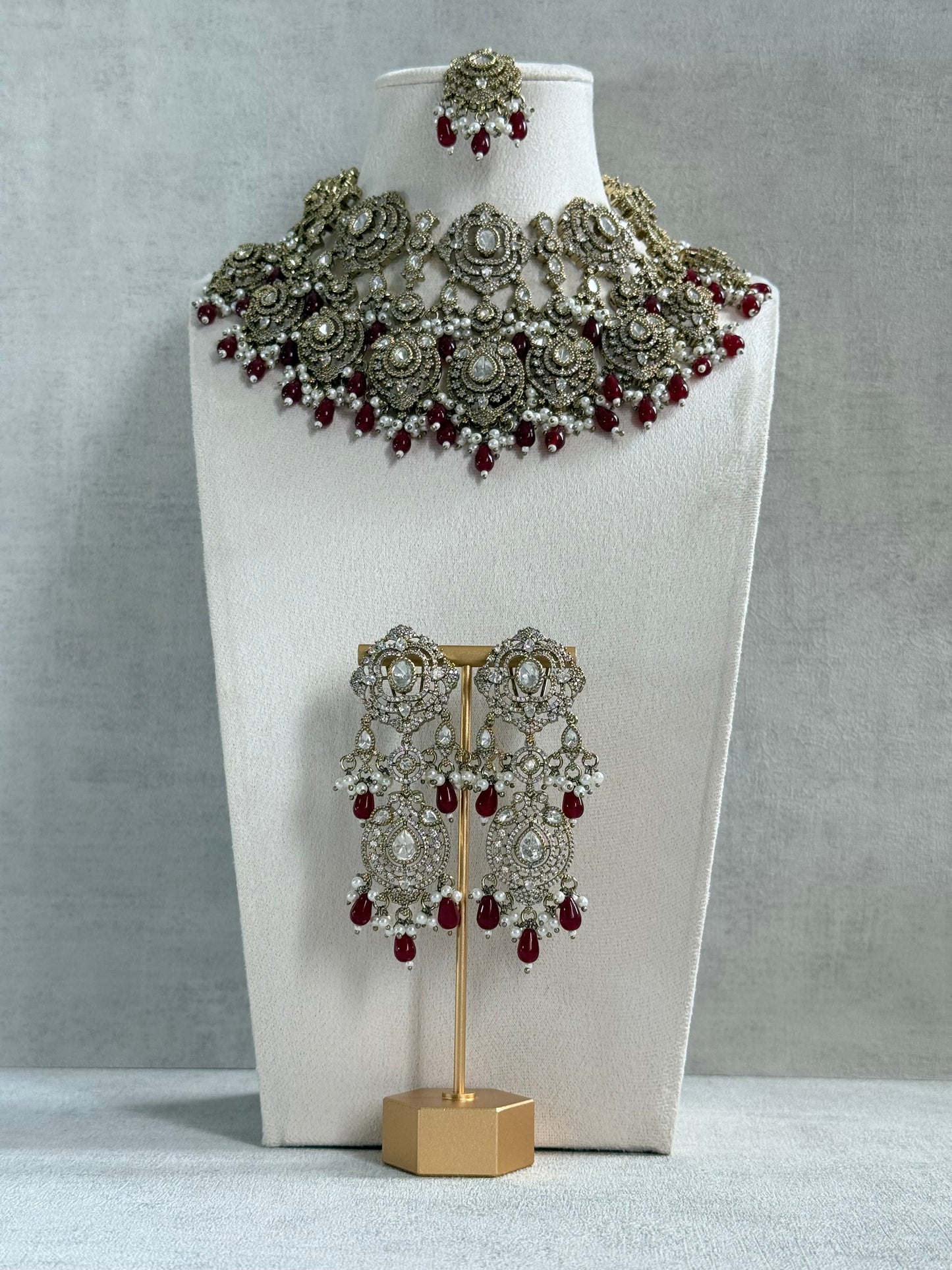 Ayura Designs Fazal Set with Necklace, Earrings & Tikka – Ruby Red Drops, Pearl Detailing & Moissanite Stonework