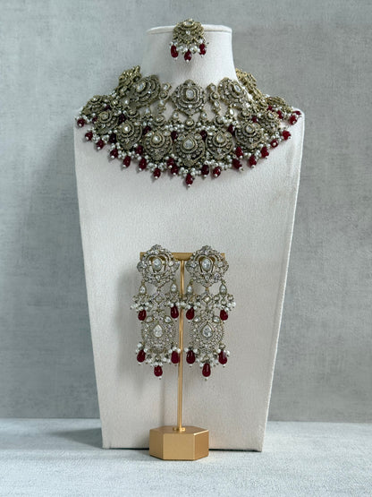 Ayura Designs Fazal Set with Necklace, Earrings & Tikka – Ruby Red Drops, Pearl Detailing & Moissanite Stonework