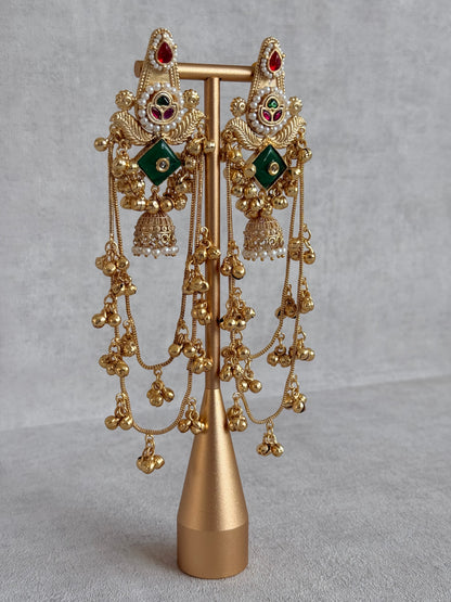 Ayura Designs Simal Earrings – Kashmiri Earrings with Green Stone, Multicoloured Detailing, Layered Ghungroo Chains & Jhumkis