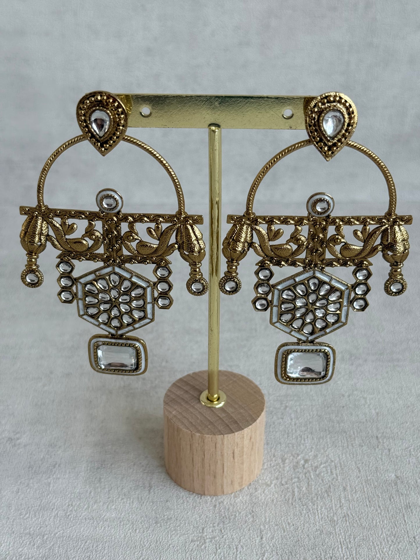 Ayura Designs Irene Earrings – Ivory Kundan, Meenakari & Crystal Peacock Chandeliers in Gold