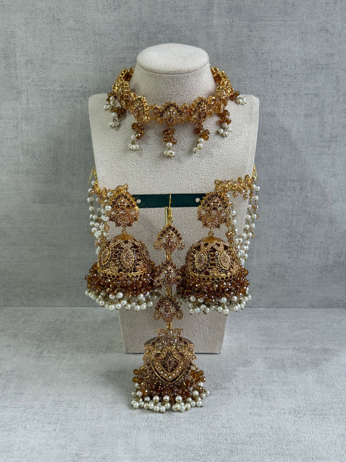 Ayura Designs Noor Set – Choker, Jhumkis with Sahare & Tikka in Champagne Gold with Pearl Detailing