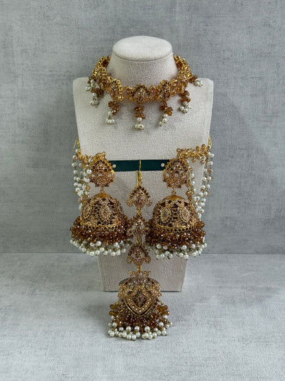 Ayura Designs Noor Set – Choker, Jhumkis with Sahare & Tikka in Champagne Gold with Pearl Detailing