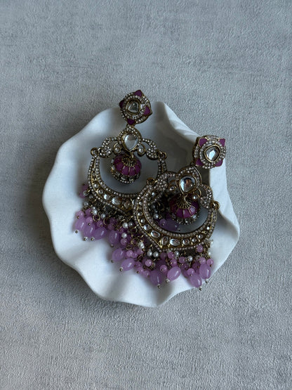 Ayura Designs Reha Earrings – Statement Chandbalis with Lavender Pink Beads, Pearls & Mirror-Cut Stones