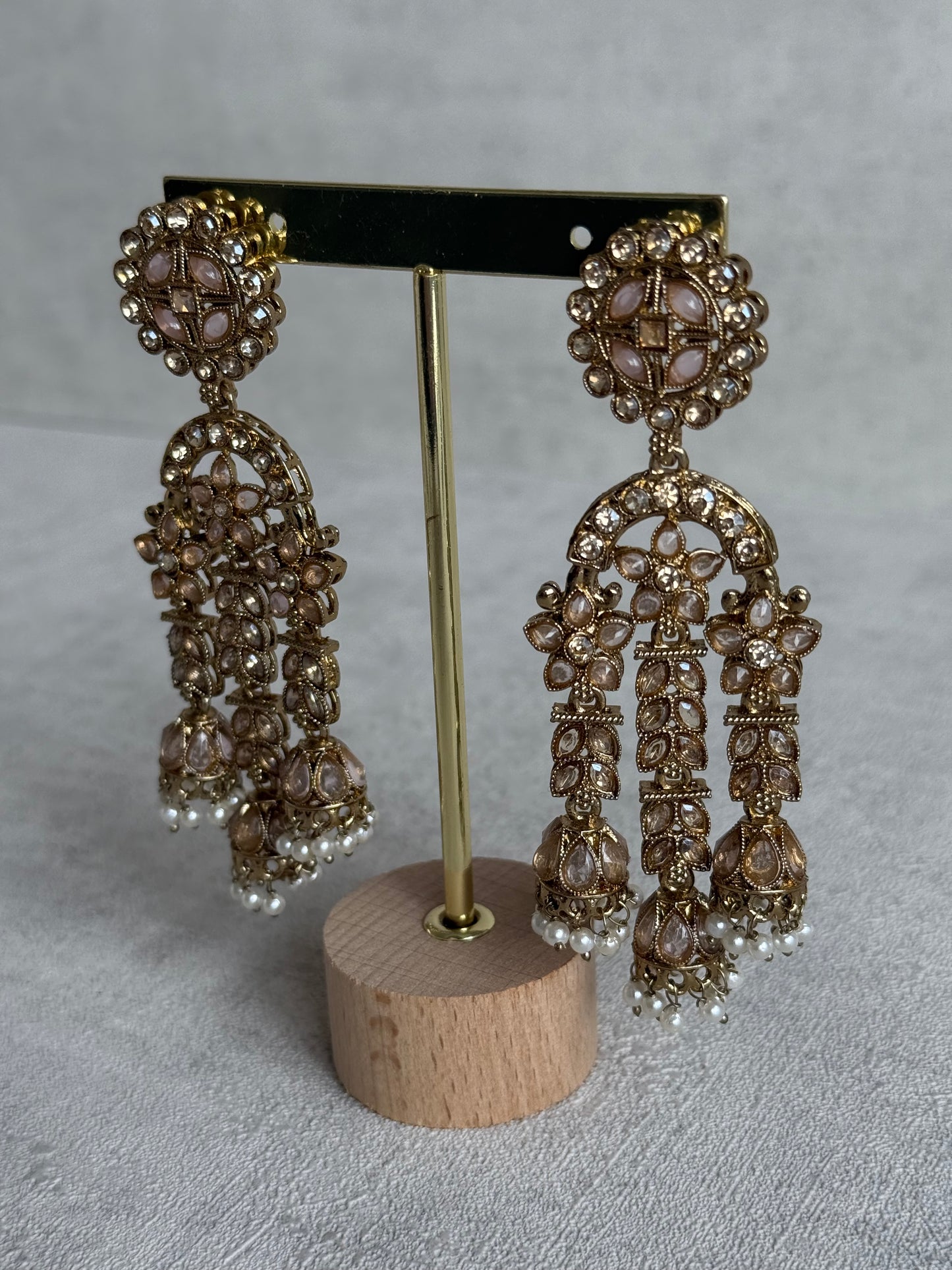 Ayura Designs Soraya Earrings – Blush Pink Stones, Champagne Crystals, Pearl Detailing & Gold Finish