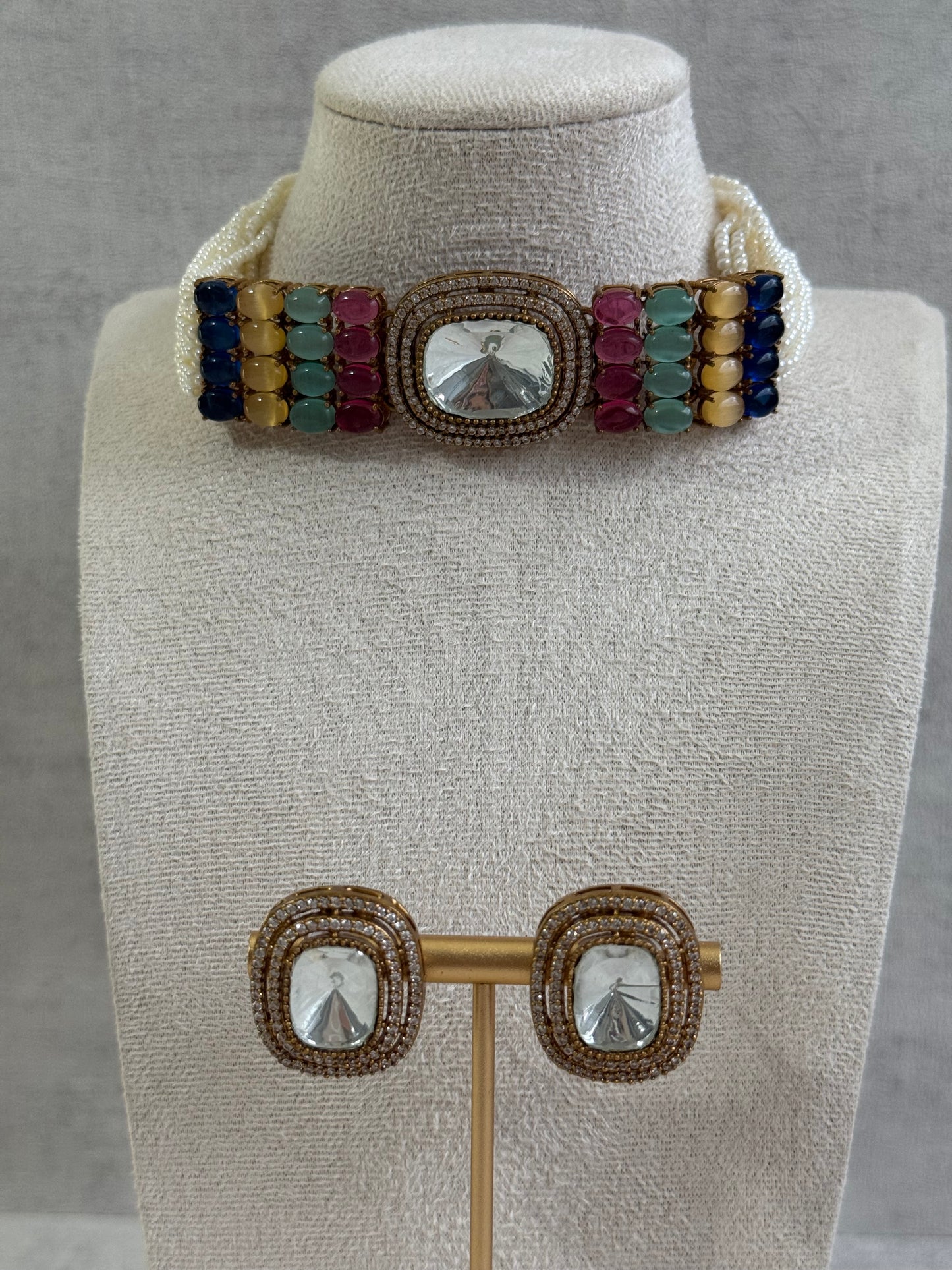 Ayura Designs Emma Choker Set – Multicolour Gemstone Choker & Studs with Mirror-Cut Centrepiece, Pearl Strands & Crystal Borders