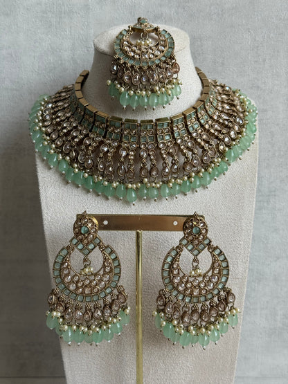 Ayura Designs Sajda Bridal Set with Necklace, Earrings, Tikka & Passa – Pistachio Green Beads, Kundan & Mirror-Cut Detailing