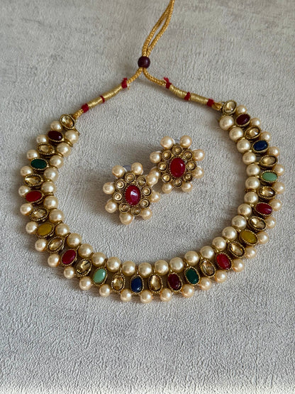 Ayura Designs Hala Set with studs– in Elegant Multicoloured Stones & Ivory Beads