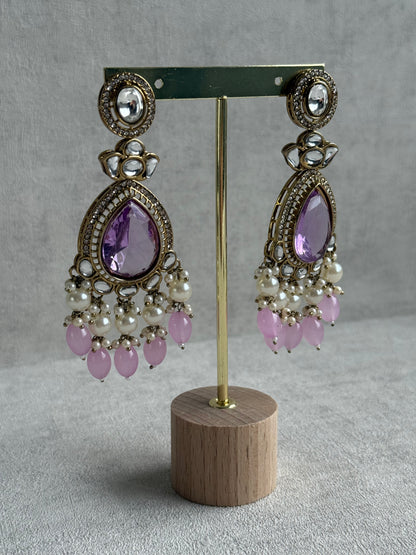 Ayura Designs Nageen Earrings – Antique Gold Jhumkis with Lilac Stones, Mirror-Cut Accents & Pearl Drops