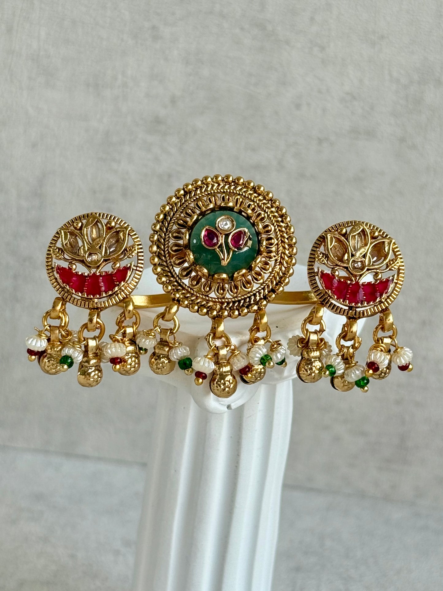 Ayura Designs Raha Adjustable Ring – Antique Gold Lotus Motifs with Emerald Green & Rani Pink Stones, Pearl Drops & Ghungroo Detailing