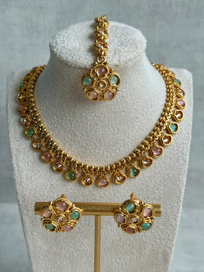 Ayura Designs Amala Set with Necklace, Studs & Tikka – Blush Pink & Pistachio Green Stones, Antique Gold Finish