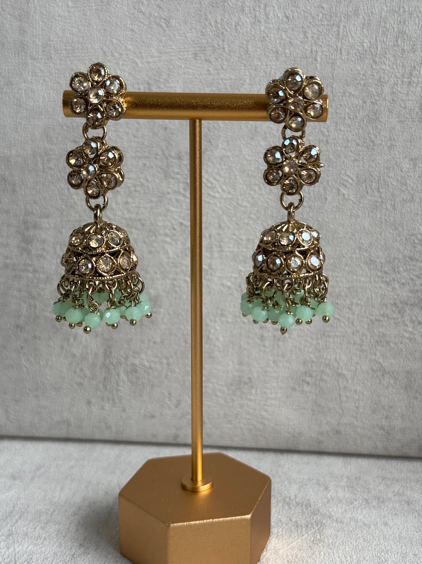 Ayura Designs Asima Set with Jhumkis & Tikka - Champagne Stones & Teal Beads