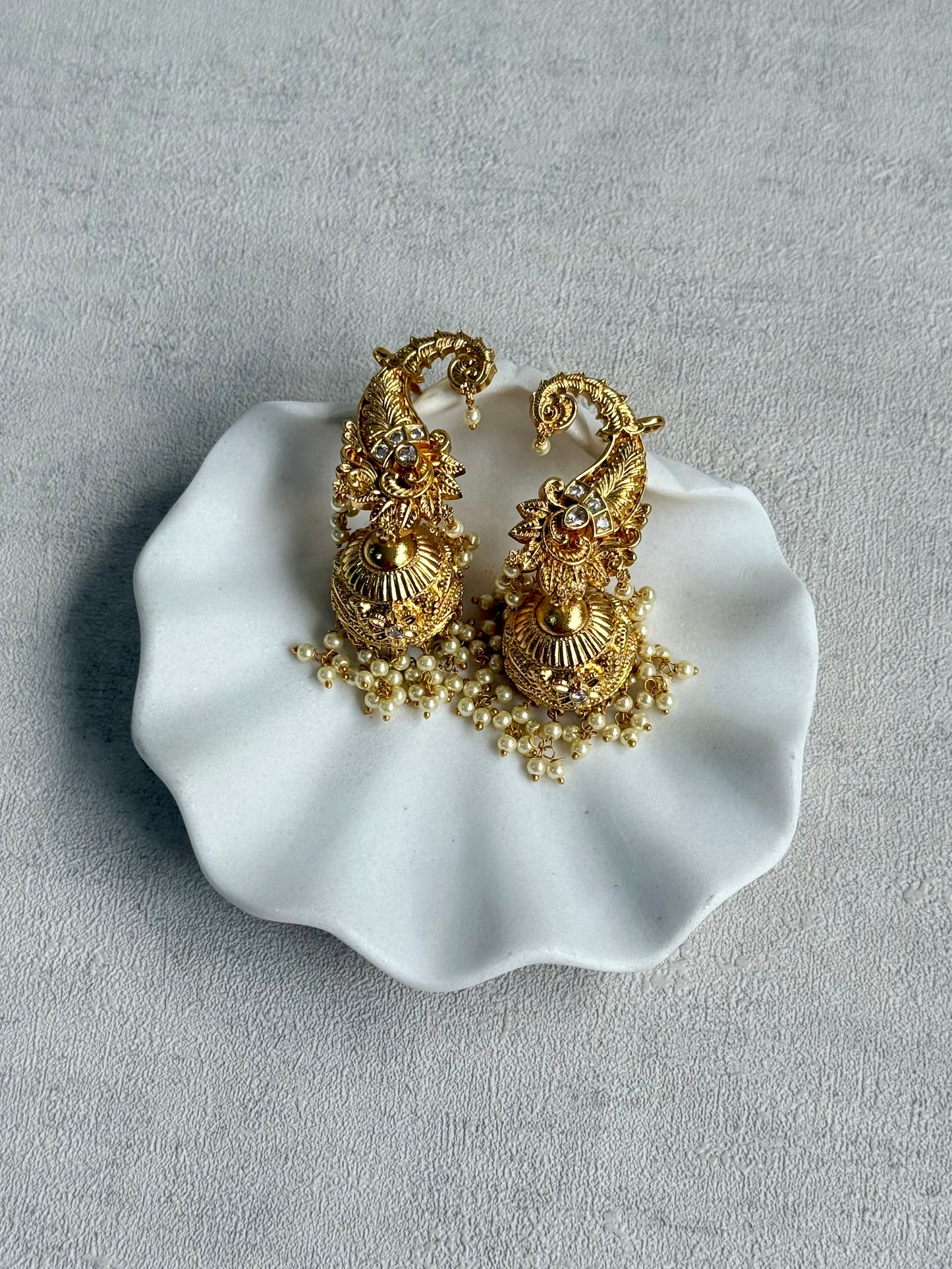 Ayura Designs Anika Jhumkis – Gold Half Ear Cuffs with Floral Motif, Kundan Crystals & Pearl Jhumka Drops