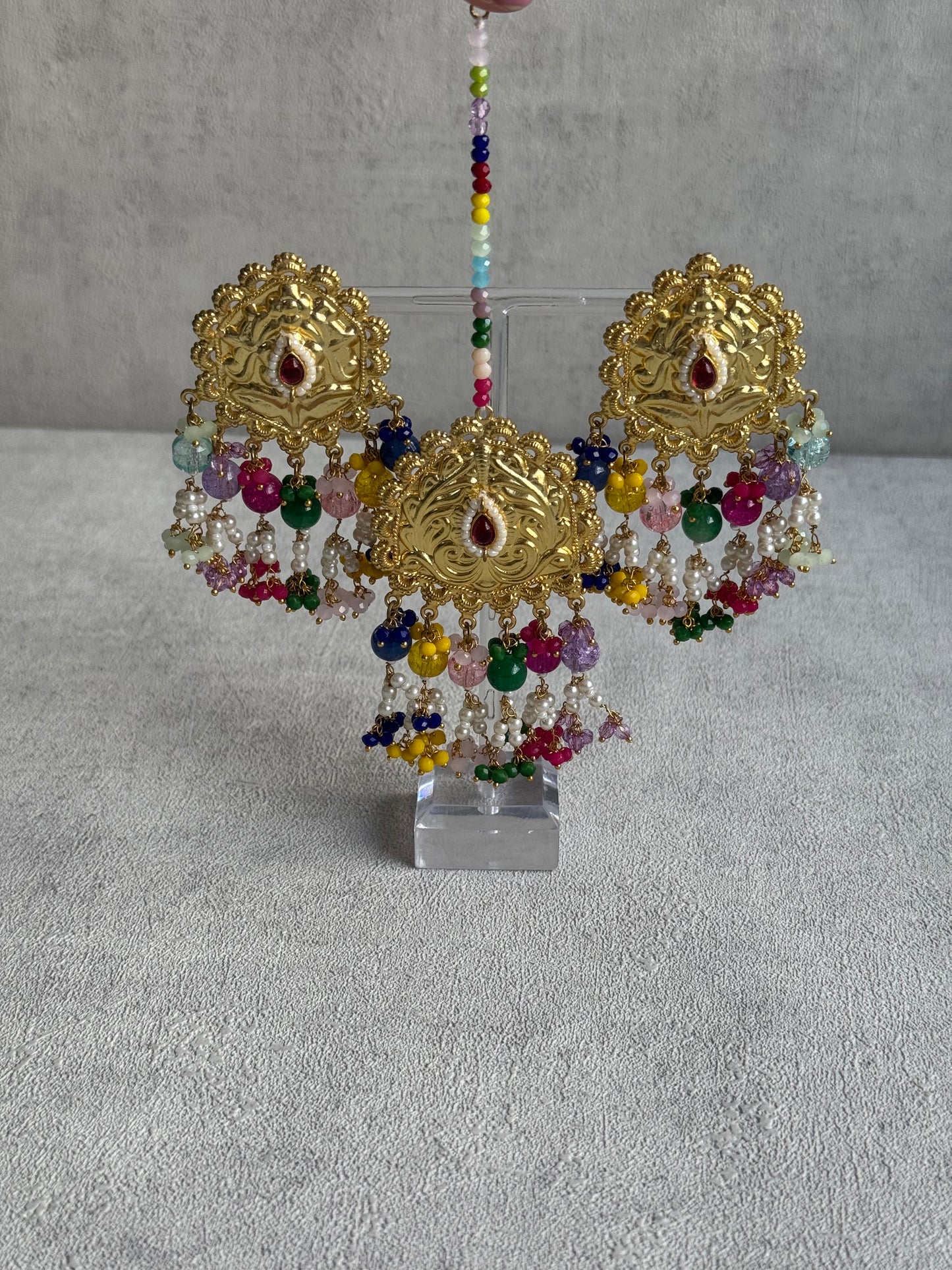 Ayura Designs Rangoli Tikka Set with Earrings – Antique Gold Finish, Multicolour Beads & Pearl Detailing