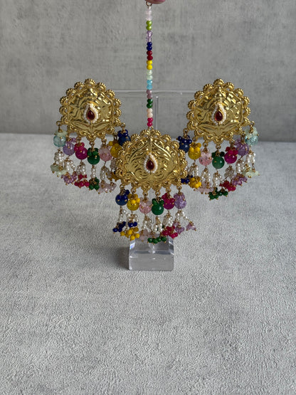 Ayura Designs Rangoli Tikka Set with Earrings – Antique Gold Finish, Multicolour Beads & Pearl Detailing
