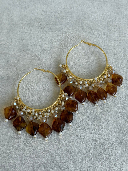 Ayura Designs Heer Balis – Gold Hoops with Smokey Amber Marble Beads, Pearls & Crystal Detailing