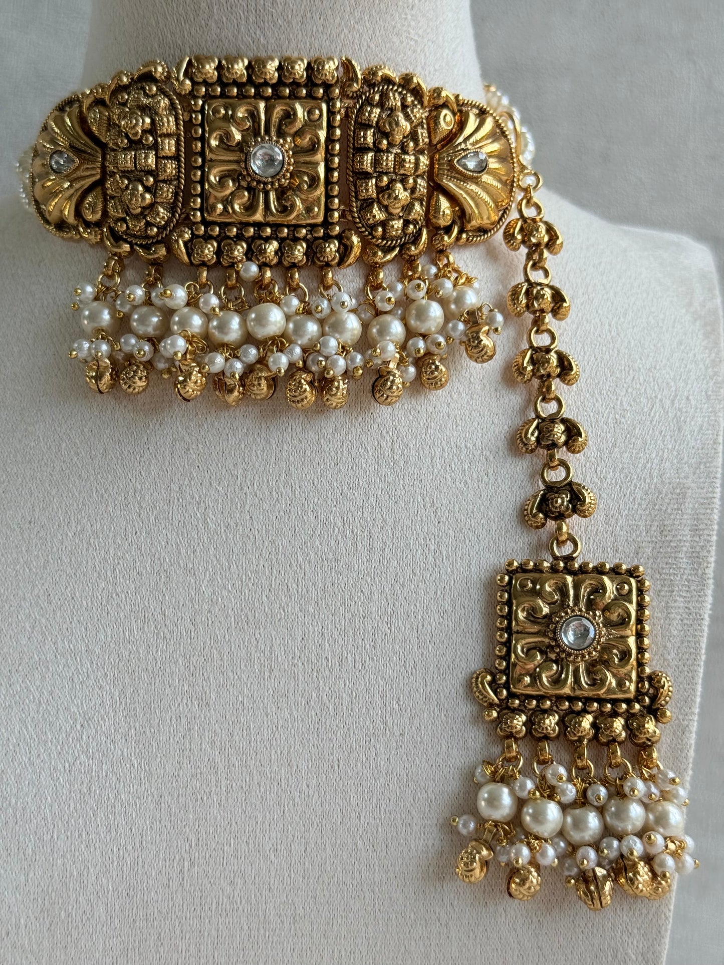 Ayura Designs Nabila Choker Set with Earrings & Tikka – Antique Gold Finish, Sea Shell Detailing, Pearls & Ghungroos