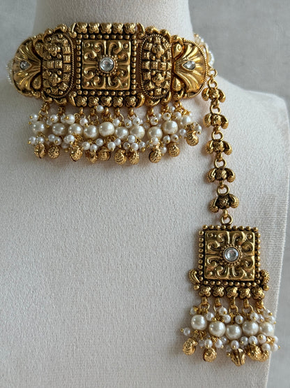 Ayura Designs Nabila Choker Set with Earrings & Tikka – Antique Gold Finish, Sea Shell Detailing, Pearls & Ghungroos