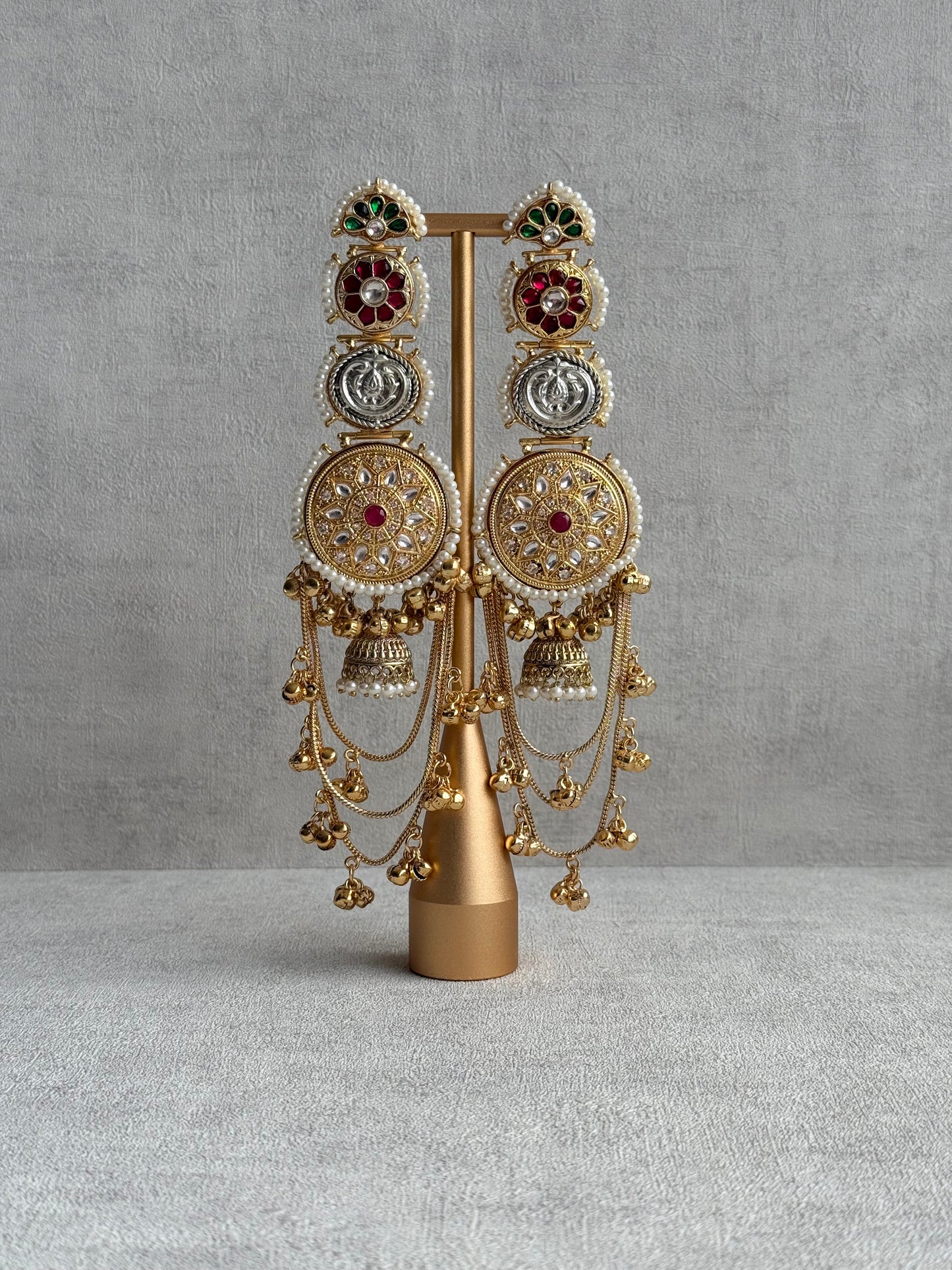 Ayura Designs Zeenia – Statement Kashmiri Earrings with Pearl Borders, Jhumki Drops, Multicolour Meenakari & Ghungroos