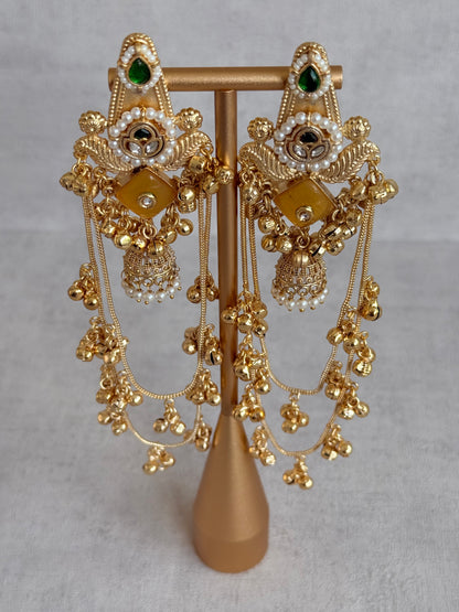 Ayura Designs Simal Earrings – Kashmiri Earrings with Amber Stone, Multicoloured Detailing, Layered Ghungroo Chains & Jhumkis