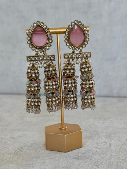 Ayura Designs Kyra Earrings – Pink & Gold Jhumkas with Kundan, Pearl, and Pastel Green & Pink Bead Detailing