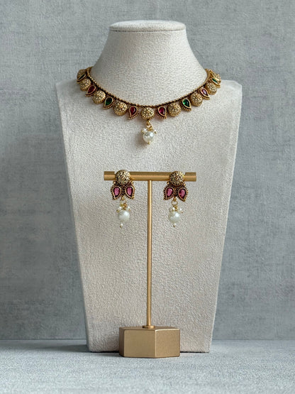 Ayura Designs Mayura Necklace Set with Earrings – Antique Gold Meenakari Motifs with Pearl Drop & Rani Pink and Emerald Green Stones