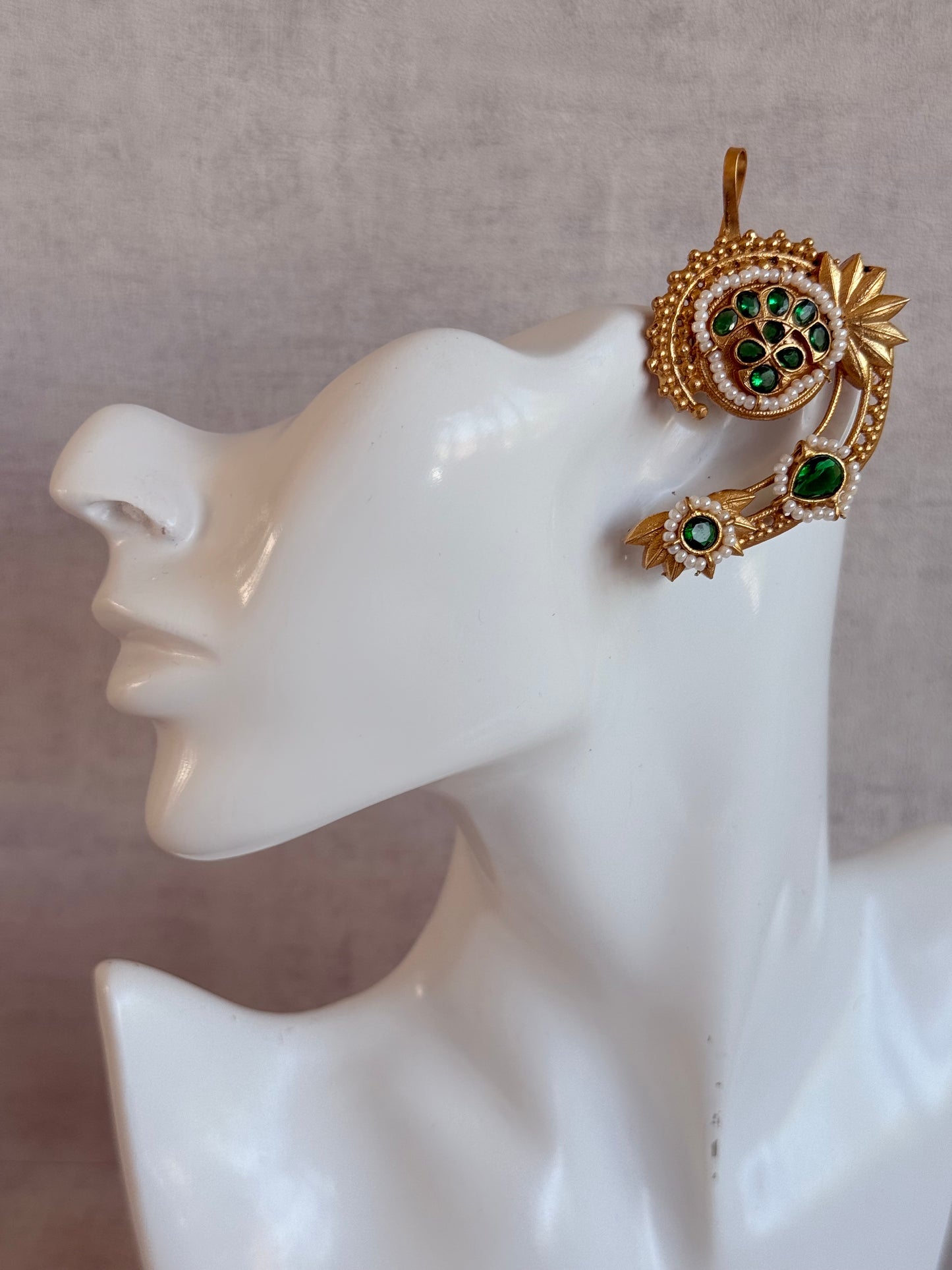 Ayura Designs Raatani Ear Climbers – Emerald Green Ear Climbers with Pearl Detailing & Floral Cutwork Design