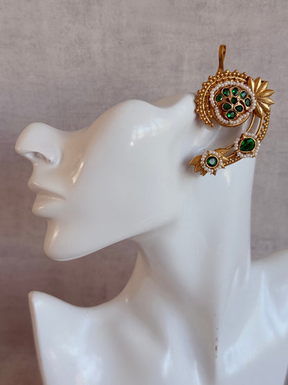 Ayura Designs Raatani Ear Climbers – Emerald Green Ear Climbers with Pearl Detailing & Floral Cutwork Design
