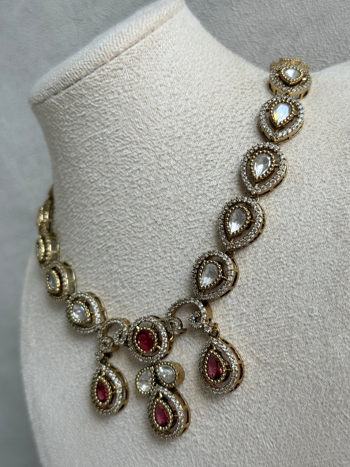 Ayura Designs Bianca Necklace Set with Earrings – Kundan, Ruby Pink Stones, Crystals & Gold Finish