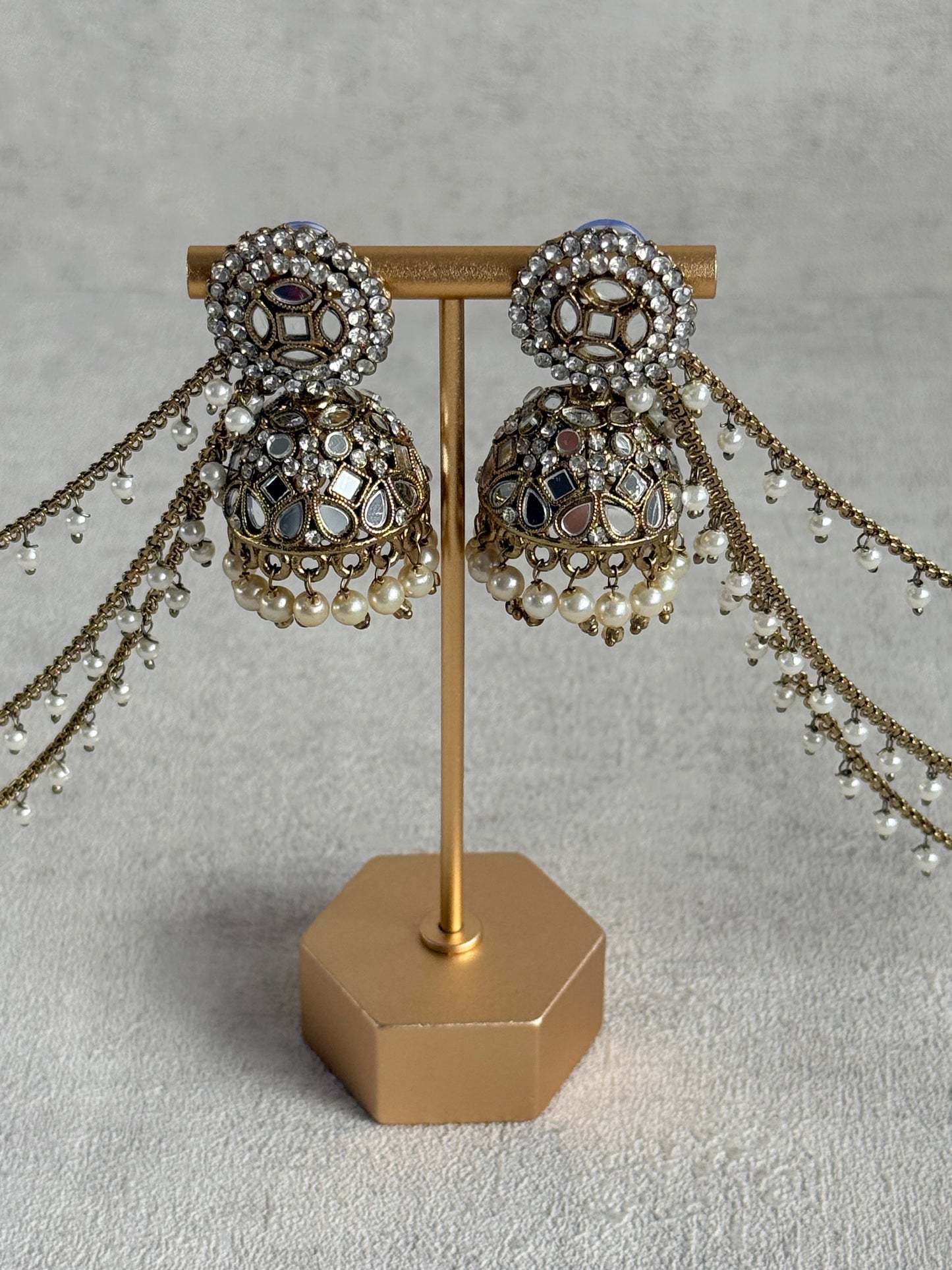 Ayura Designs Aaina Jhumkis – Antique Gold Mirror & Crystal Earrings with Detachable Triple-Layer Pearl Sahare