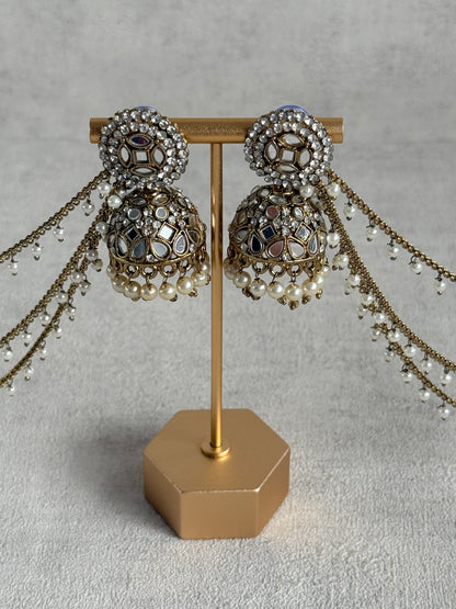 Ayura Designs Aaina Jhumkis – Antique Gold Mirror & Crystal Earrings with Detachable Triple-Layer Pearl Sahare
