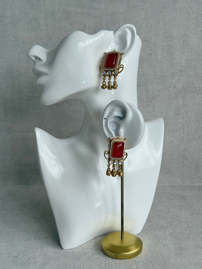 Ayura Designs Aleena Earrings – Ruby Red Stone Stud Earrings with Pearls & Ghungroo Detailing